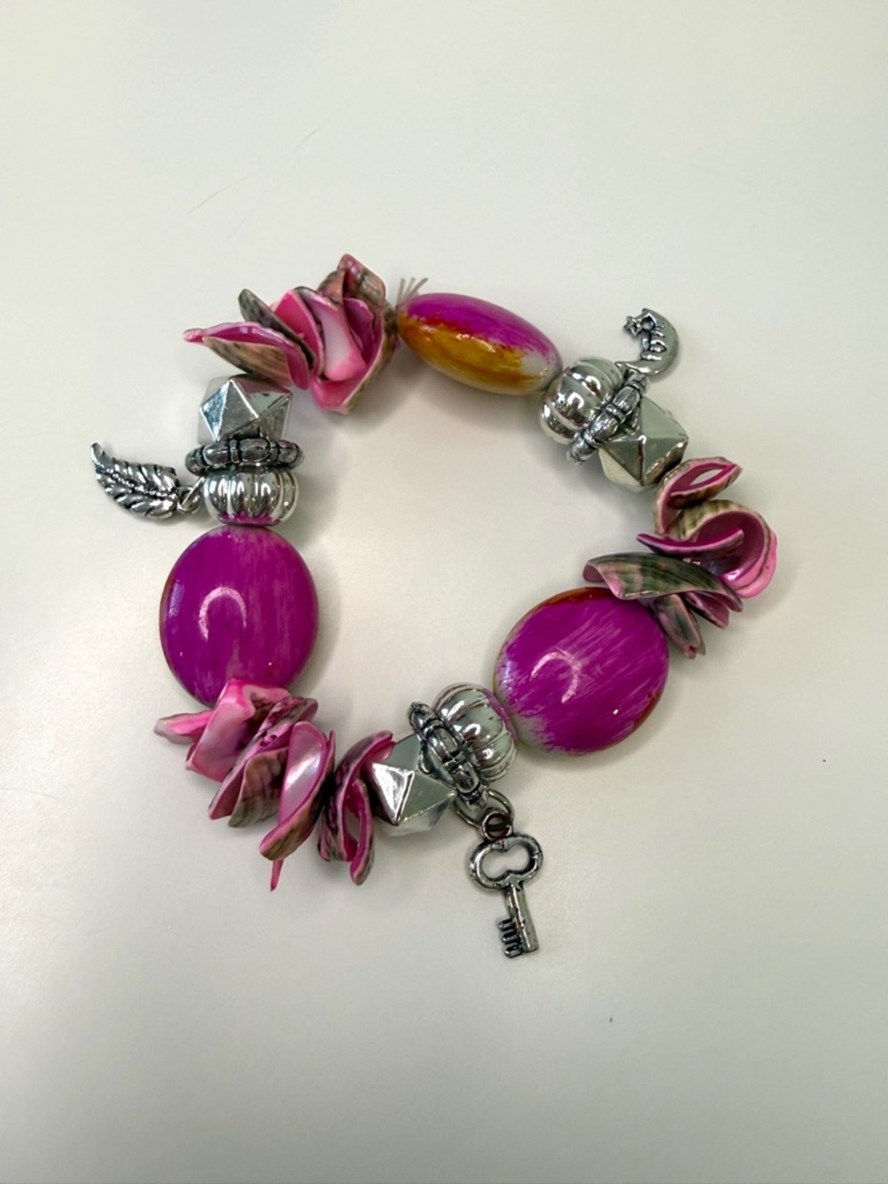 Pink Beaded Shell & Charm Bracelet